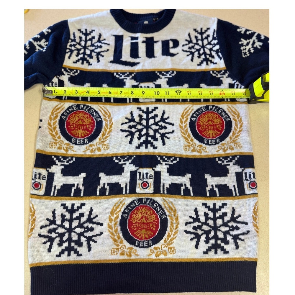 Miller‎ Lite Ugly Christmas Sweater Mens Small Navy Blue Fair Isle Reindeer Beer
